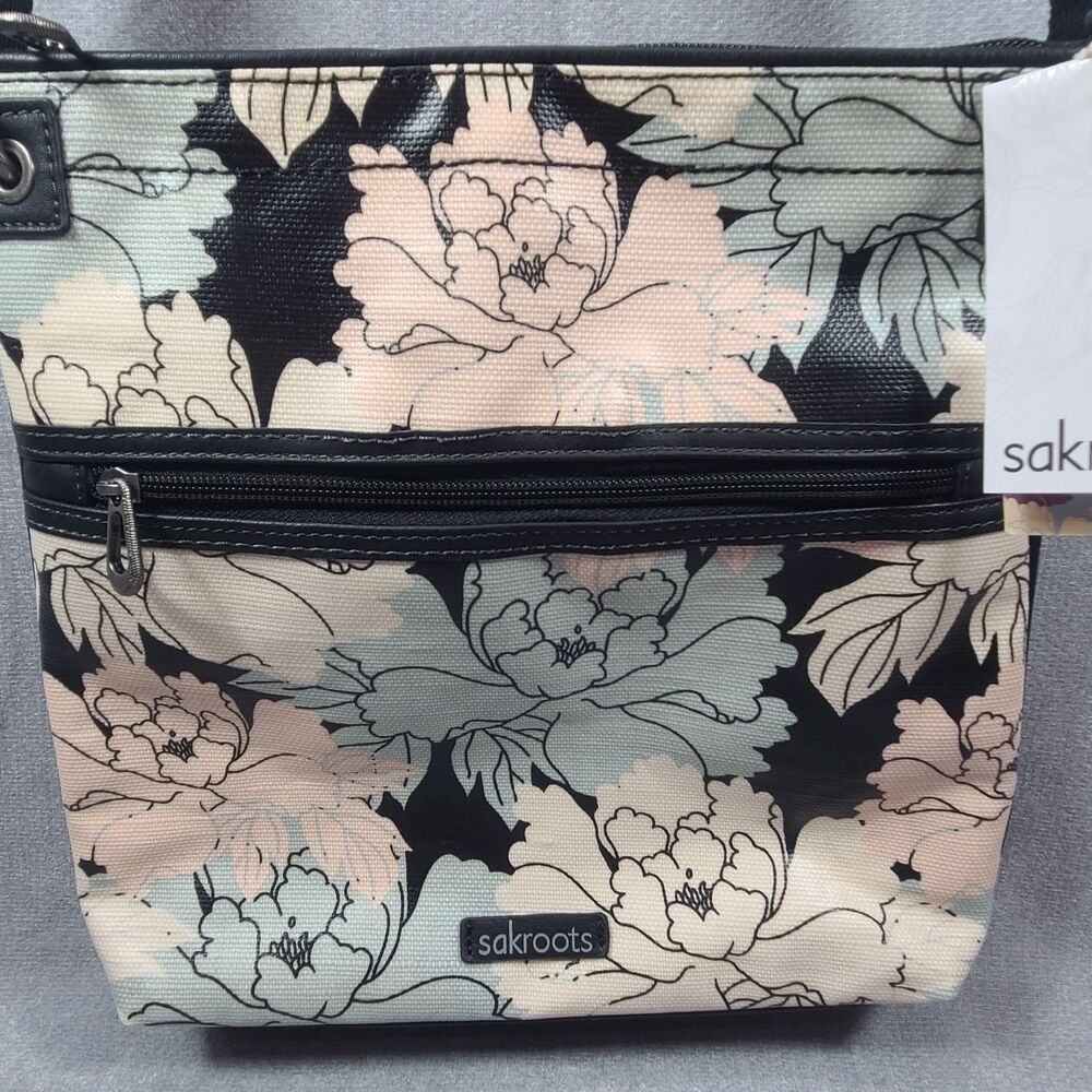 NWT Sakroots Artist Circle Flat Crossbody Purse Bag Floral Peony Black Pink Blue
